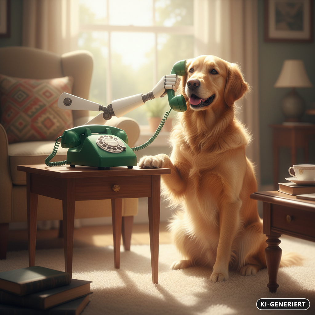 KI-generiert: Ein Golden Retriever sitzt neben einem Beistelltisch, während ein Roboterarm ihm einen grünen Telefonhörer ans Ohr hält.